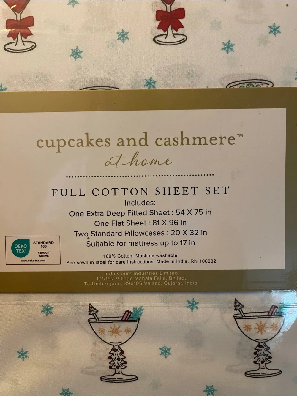 cupcakes & cashmere White Cotton Sheet Set with Festive Drinks Motif